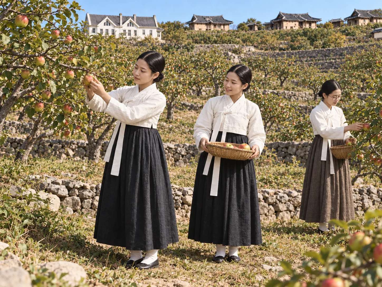 돌담 사과밭에서 사과를 따는 여학생들 재현 이미지